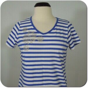CORAL BAY Tee PM Womens Striped Blue White Floral Beads Embellished